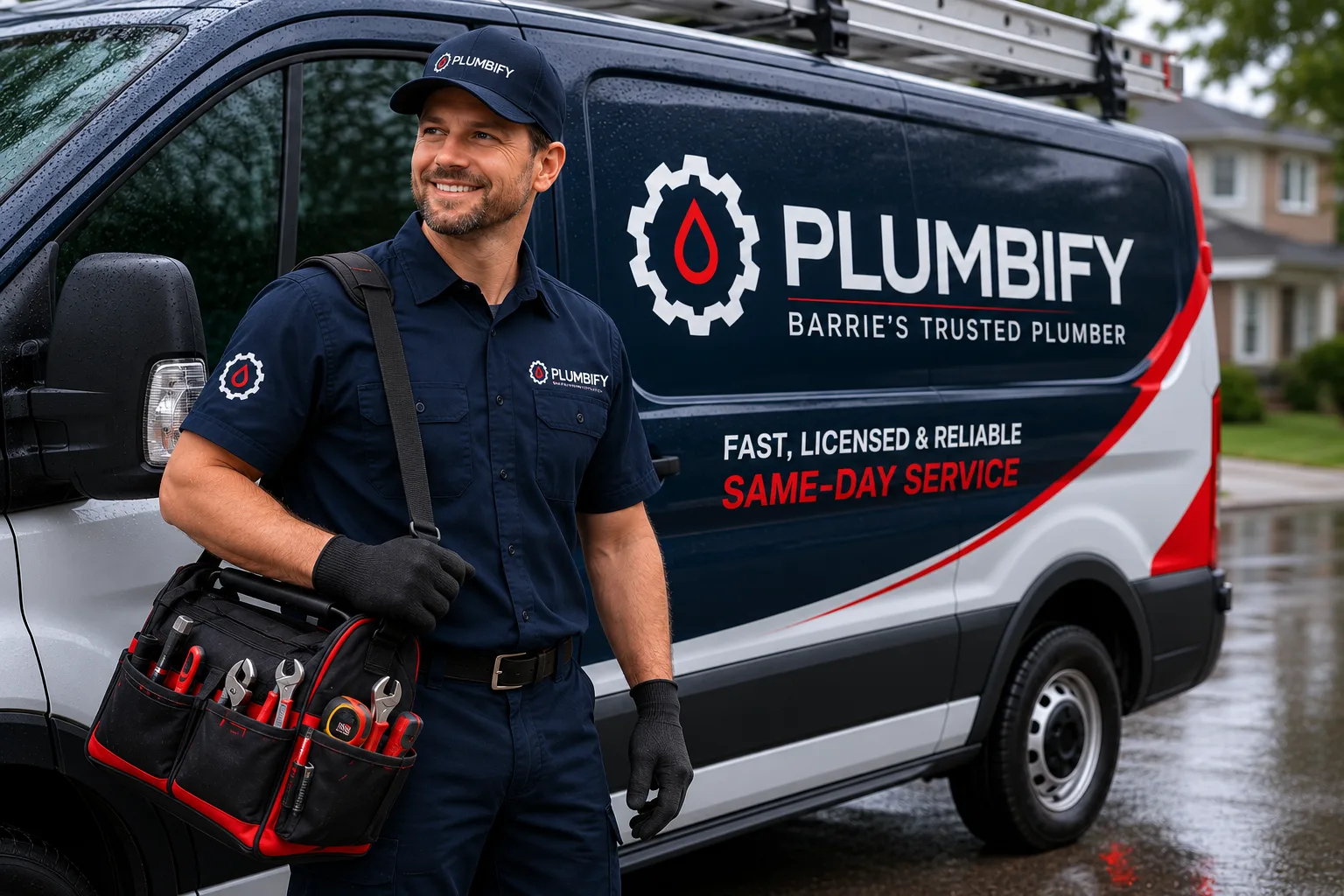Branded Plumbify plumber beside a company van offering fast, licensed, same-day plumbing service in Barrie