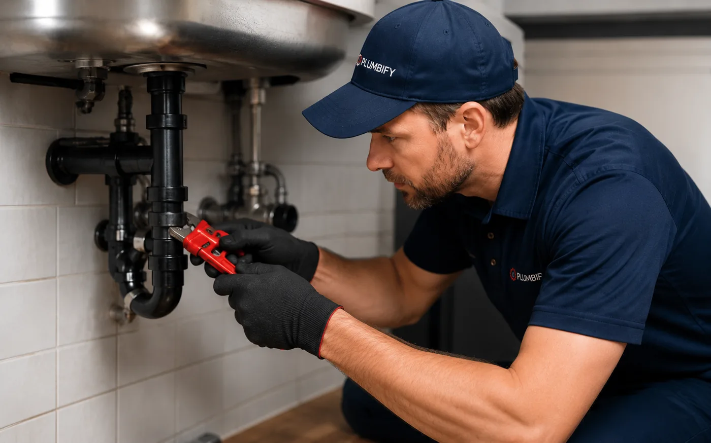 Plumbify plumber in a branded uniform repairing a kitchen sink drain during a Barrie service call