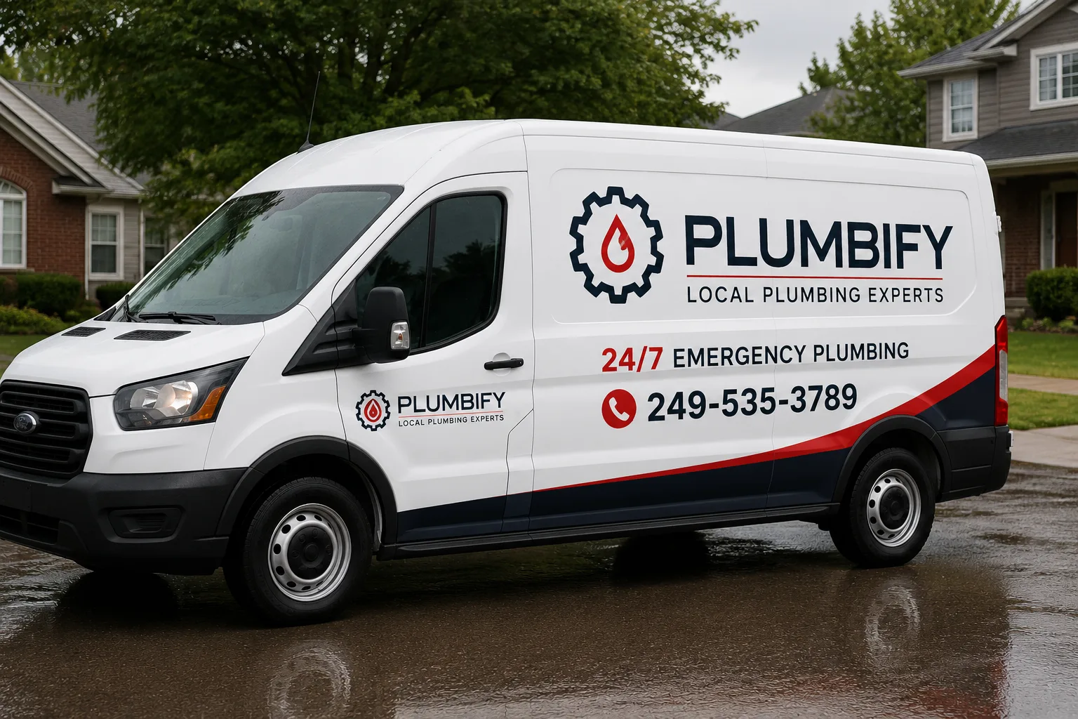 Branded Plumbify service van with 24/7 emergency plumbing phone number in a Barrie neighbourhood