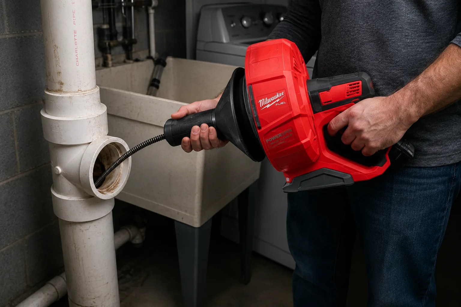 Plumber clearing a blocked drain line with a powered drain-cleaning machine in Barrie