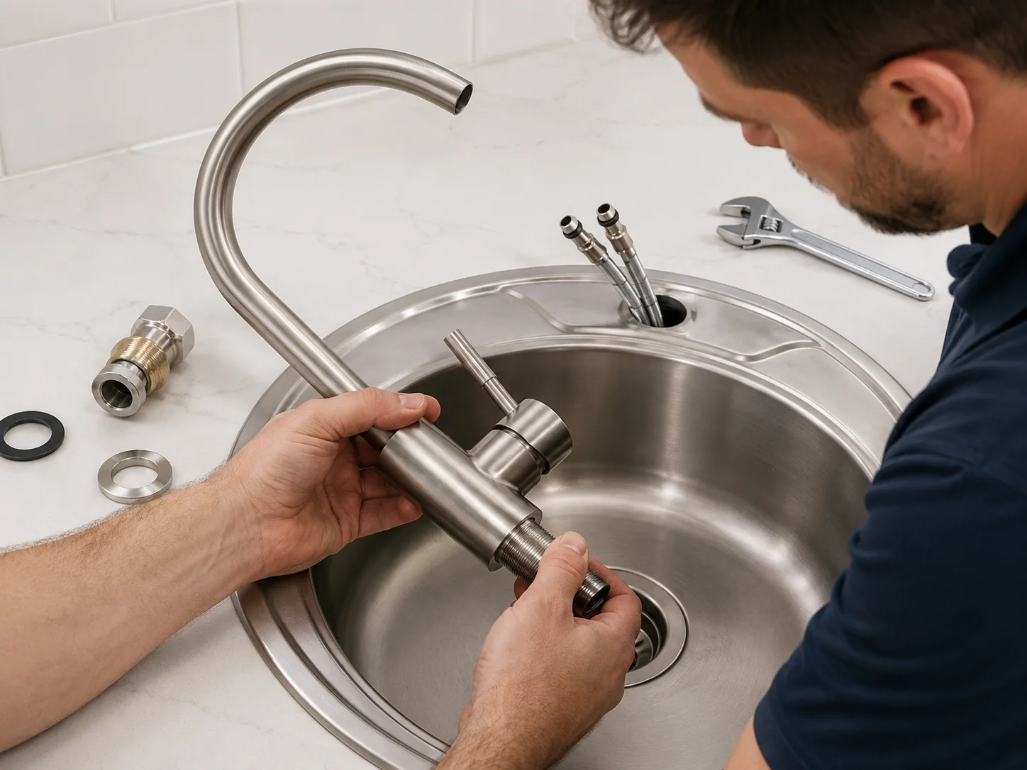 Plumber installing a new stainless steel sink faucet fixture in Barrie