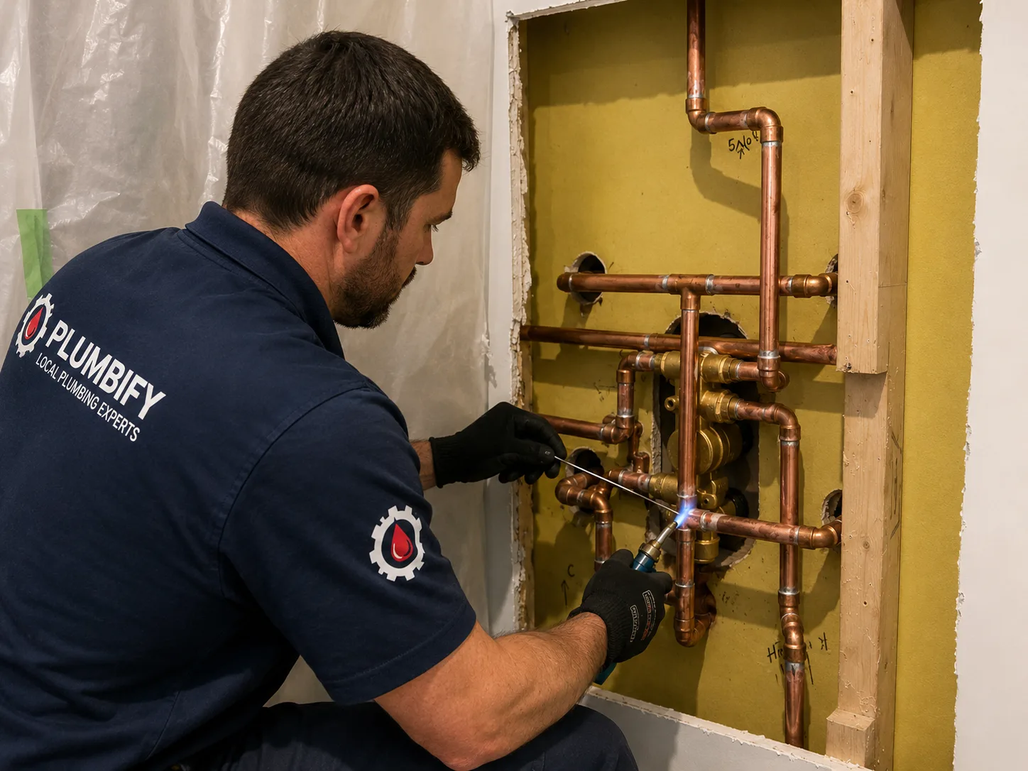 Branded Plumbify plumber soldering copper pipes during a repair in Barrie