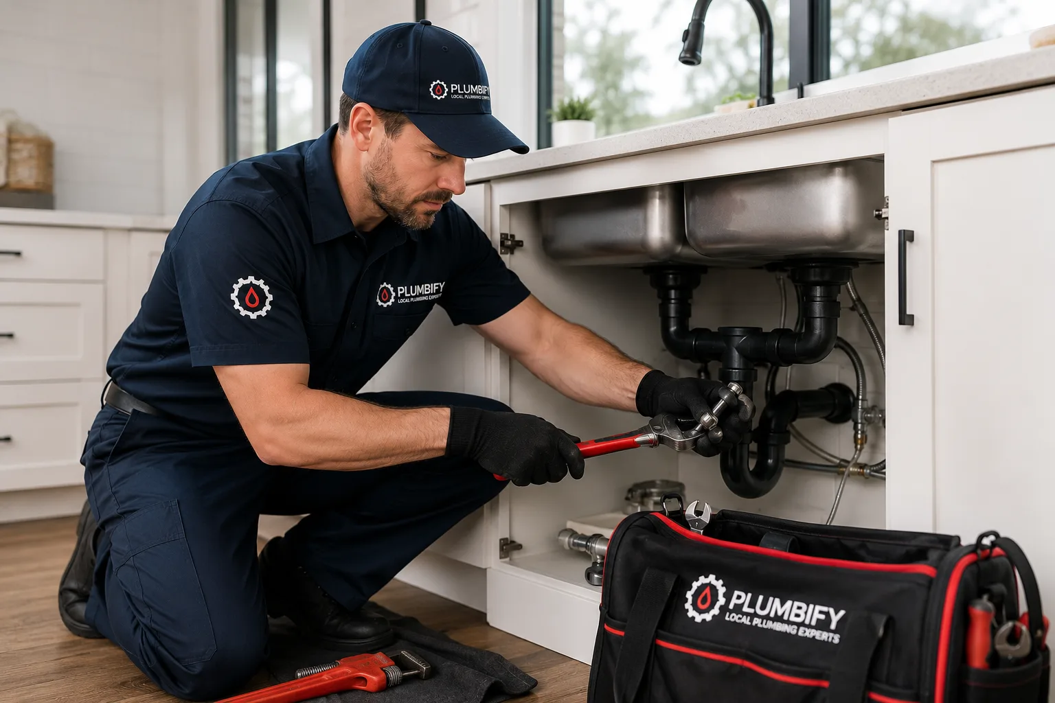 Branded Plumbify plumber repairing a kitchen sink drain on an emergency call in Barrie