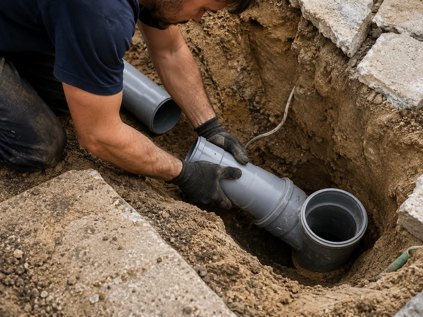 Plumber joining a sewer line pipe in an excavated trench in Barrie